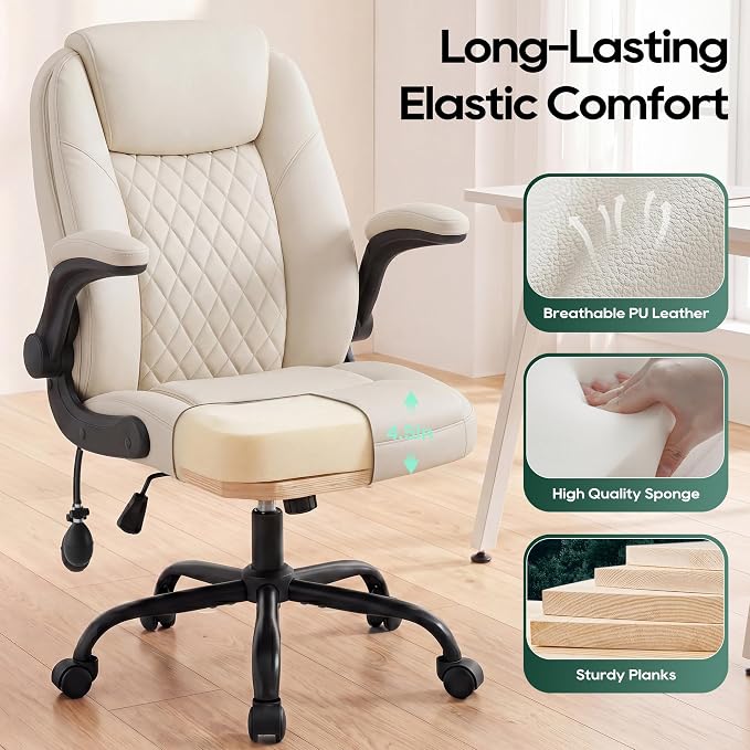 MALOL Leather Office Chair with Adjustable Lumbar Support Set of 2, Beige | Computer Desk Chair with Thick Cushion, Flip-Up Arms and Ergonomic Back, Comfy Executive Office Chair for Home Office Gaming - Image 7