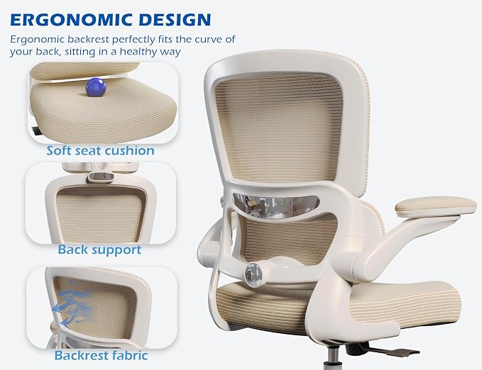 TRALT Ergonomic Office Chair Desk Chair with Adjustable Lumbar Support | Desk Chair Comfy with Flip-up Armrests Ergonomic Chair - Mesh Computer Chairs for Adults, 330lbs, PU Leather (Beige, 1) - Image 7