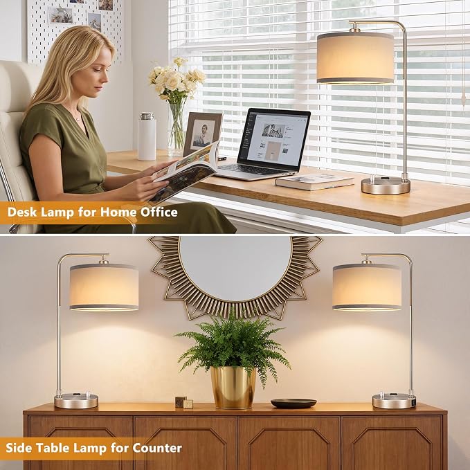 Innqoo Bedside Table Lamps for Bedroom Set of 2-Dimmable Nightstand Lamps with USB Port and Outlet,Modern Grey Lamps with Linen Shade,Tall Desk Lamps for Home Office Bedroom Living Room End Table - Image 7