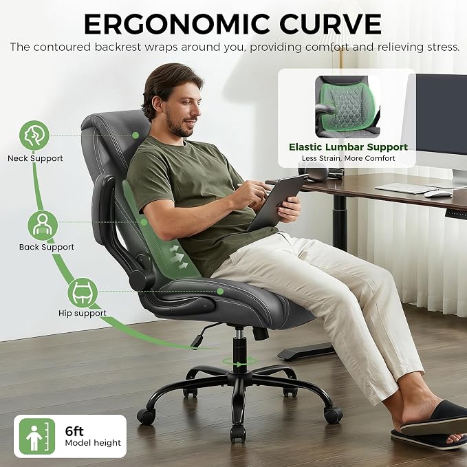 Office Chair, Ergonomic Executive Desk Chair with Lumbar Support for Lower Back Pain Relief, Padded Flip-Up Armrests, Leather Home Office Chair, Gray - Image 3