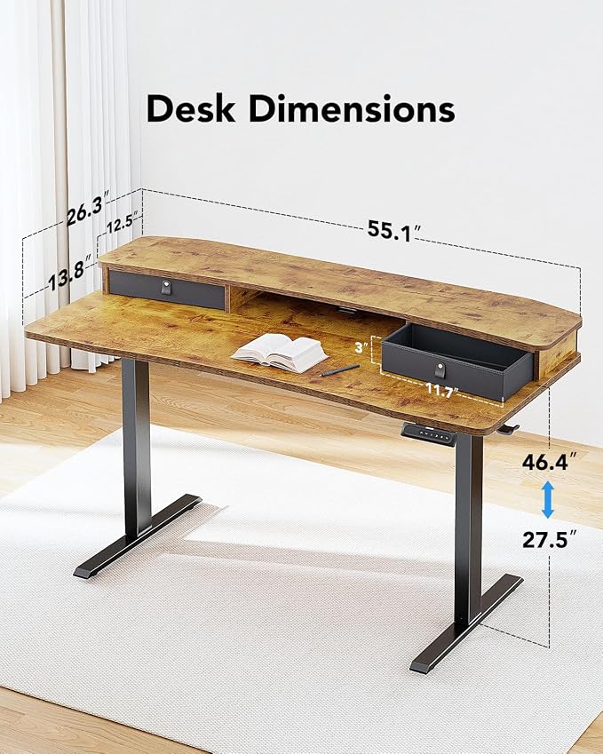 HUANUO 55″ x 26″ Electric Standing Desk with 2 Drawers, C-Clamp Mount Compatible, Height Adjustable Computer Desk, Home Office Stand Up Desk with 4 Preset Heights & 2 Hooks, Vintage Brown - Image 2