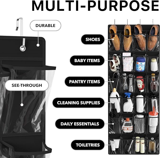 Simple Houseware 24 Pockets Large Clear Over the Door Shoe Organizer, Black | 56" x 22.5", 4 Durable Metal Hooks, 5" x 9" Pocket Size, Multipurpose - Image 4