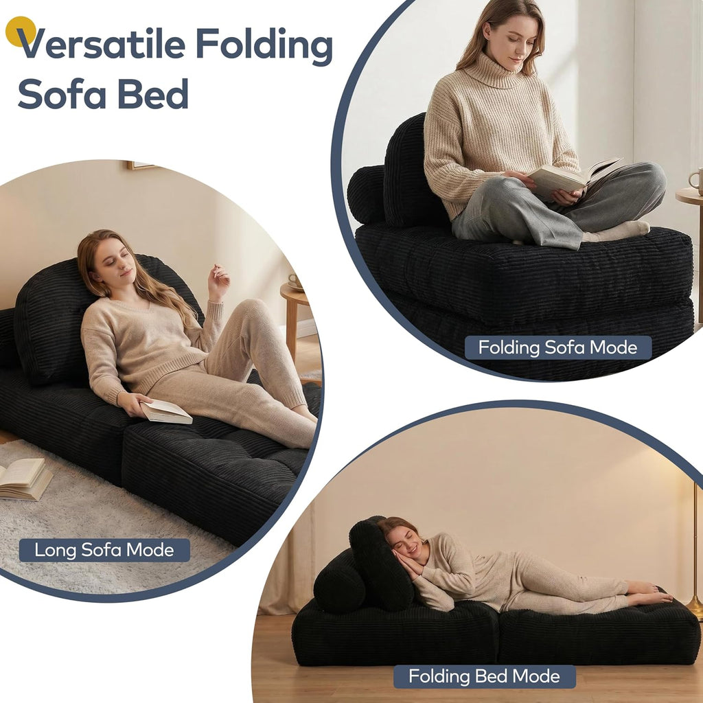 Convertible Corduroy Floor Sofa, 3-in-1 Folding Lazy Sofa Bed with Adjustable Backrest, Soft Bean Bag Chair Lounger for Living Room, Bedroom, Guest Room, Oversized Sleeper Chair - Image 3