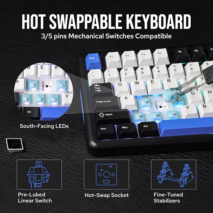 EPOMAKER TH85 QMK/VIA Wireless Gaming Keyboard, BT5.0/2.4GHz/USB-C | Hot-Swap Pre-lubed Custom Creamy Jade Linear Switches, Gasket Creamy Keyboard for PC/Mac/Office/Gaming (Black&White&Blue) - Image 4