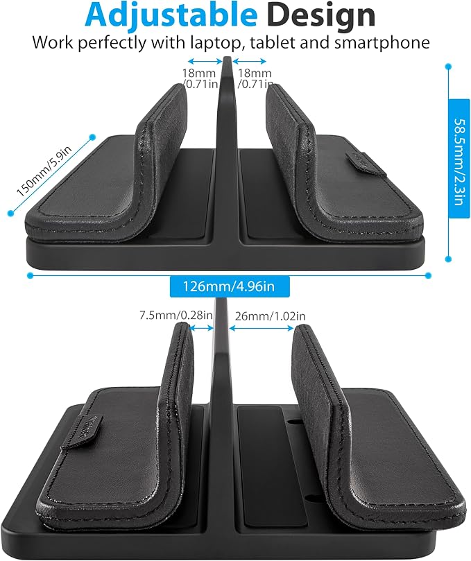 Dual Vertical Laptop Stand, 3 in 1 Upright Desktop Stand Holder with Adjustable Dock (Up to 17.3''), Leather Laptop Rack Storage Desk Organizer for Phone, Tablet, MacBook/HP/Dell/Chrome Book (Black) - Image 3