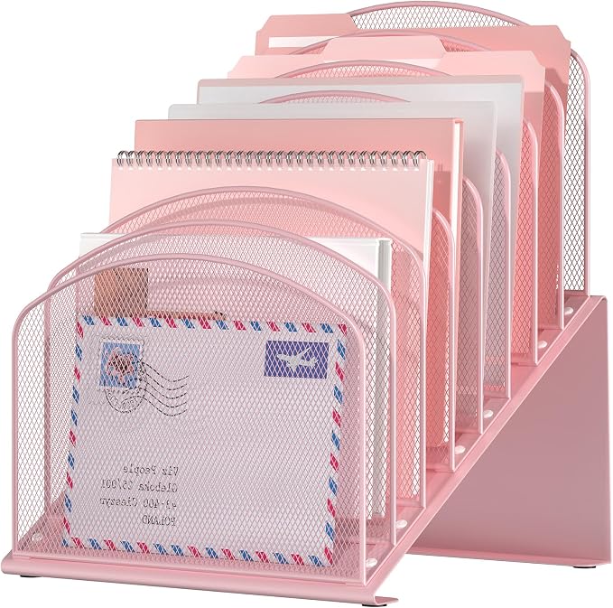 Inclined Desk File Organizer, 8-Section Upright Desk Organizer Standing File Sorter for Office Classroom Desktop Organization (Pink, 8) by Delifox