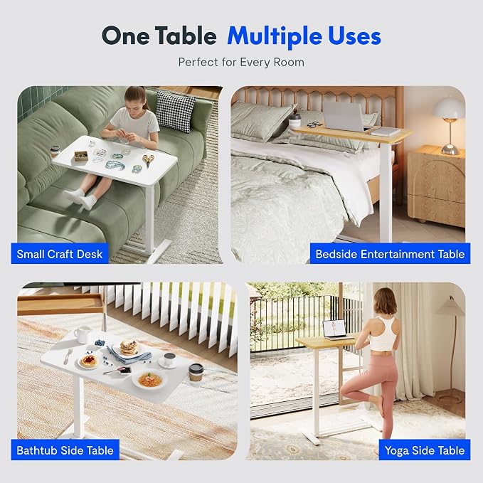 FLEXISPOT H7 32" Pneumatic Height-Adjustable Overbed Table with Wheels | C-shaped bedside table,Medical End Table,Rolling Cart TV Tray,Laptop desk for Hospital Home office use,31.5"Wx17.7"D,White - Image 11