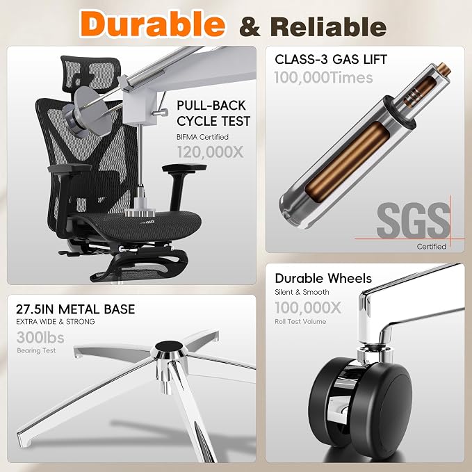 Ergonomic Office Chair with Footrest, 135° Reclining Desk Chair with Adjustable Lumbar Support,3D Armrest,Headrest & Large Steel Base, 300LBS Heavy Duty Mesh Chair - Image 9