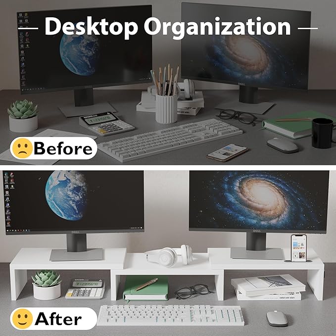 BONTEC Dual Monitor Stand Riser, Adjustable Length & Swivel Angle, White | Ergonomic Wooden Desktop Organizer with Smartphone Holder, Computer Monitor Stand for PC, Laptop, Printer and Large Storage - Image 2