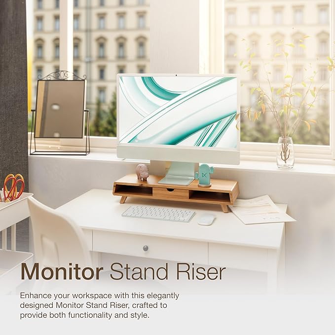 Tinamo Acacia Monitor Stand with Drawer, Multi-Purpose Storage (Patented) | Acacia Wood, Fits Monitors up to 32", Built-in Drawer, Hidden Storage, Non-slip, Round Edge, Ergonomic Height, Easy Assembly - Image 6