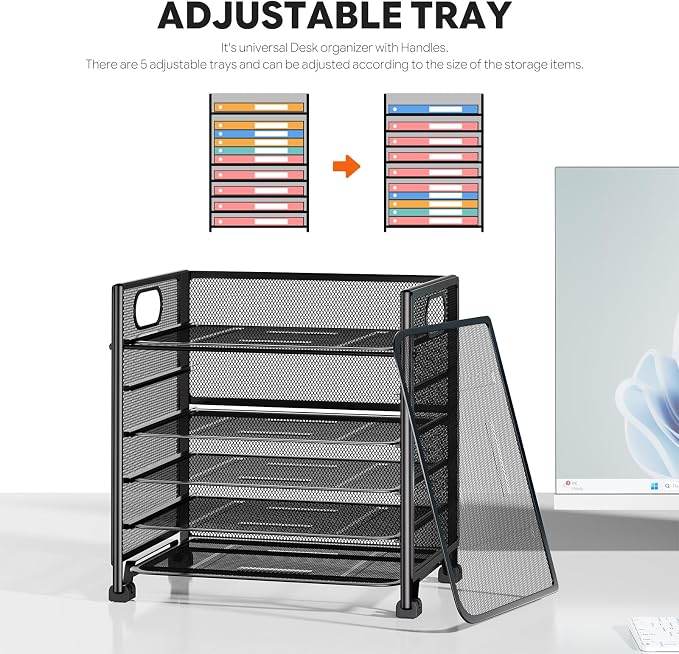 Simple Trending 6-Tier Paper Tray Organizer, File Organizer for Desk, Black | Letter Tray Holder with Handle. Sturdy Metal Frame. Non-slip Feet. Black for Office Home School. 13"L x 8.75"W x 14.6"H - Image 8