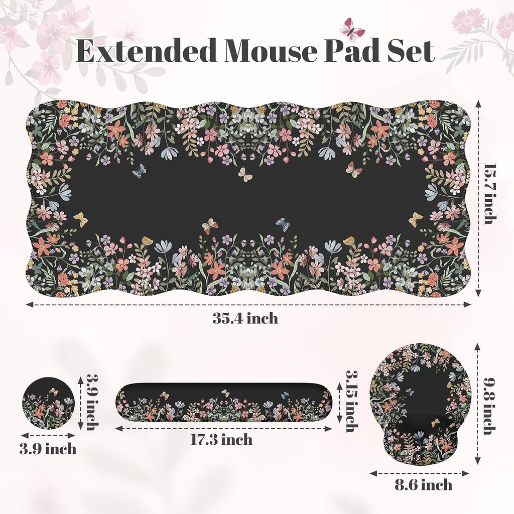 iLeadon Cute Desk Mat Set, Scalloped Floral Desk Mat Keyboard Mouse Pad Set - Image 2