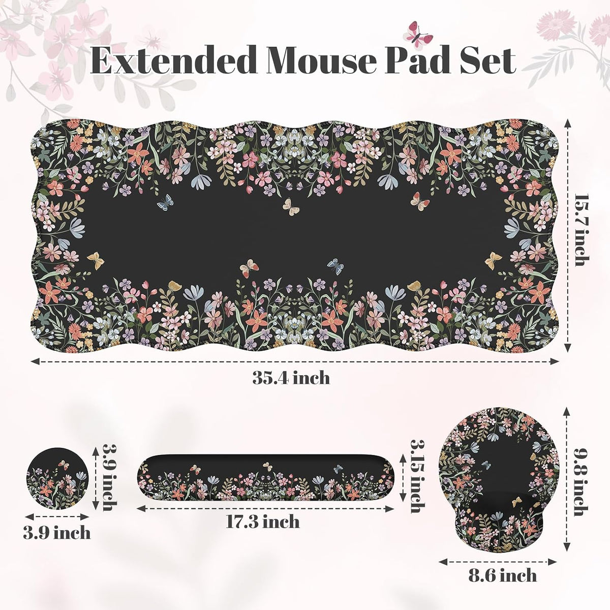 iLeadon Cute Desk Mat Set, Scalloped Floral Desk Mat Keyboard Mouse Pad Set - Image 2