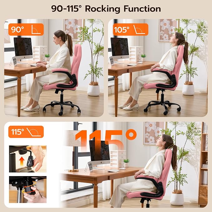 Ylzyxal Office Desk Chair, Ergonomic Computer Chair with Padded Flip-Up Arms and Adjustable Lumbar Support, PU Leather Executive Chair with Tilt Lock and 360° Swivel Rolling Wheels for Work, Study - Image 4