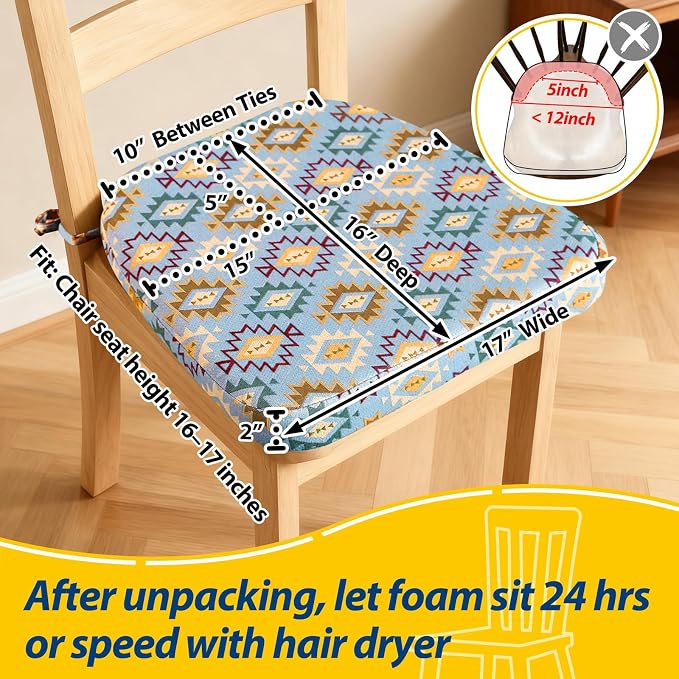 AAAAAcessories D-Shaped Chair Cushions, 2" Thick Dining Chair Pads with Ties and Removable, Machine-Washable Cover, 17" x 16", Set of 8, Geometric Blue - Image 2
