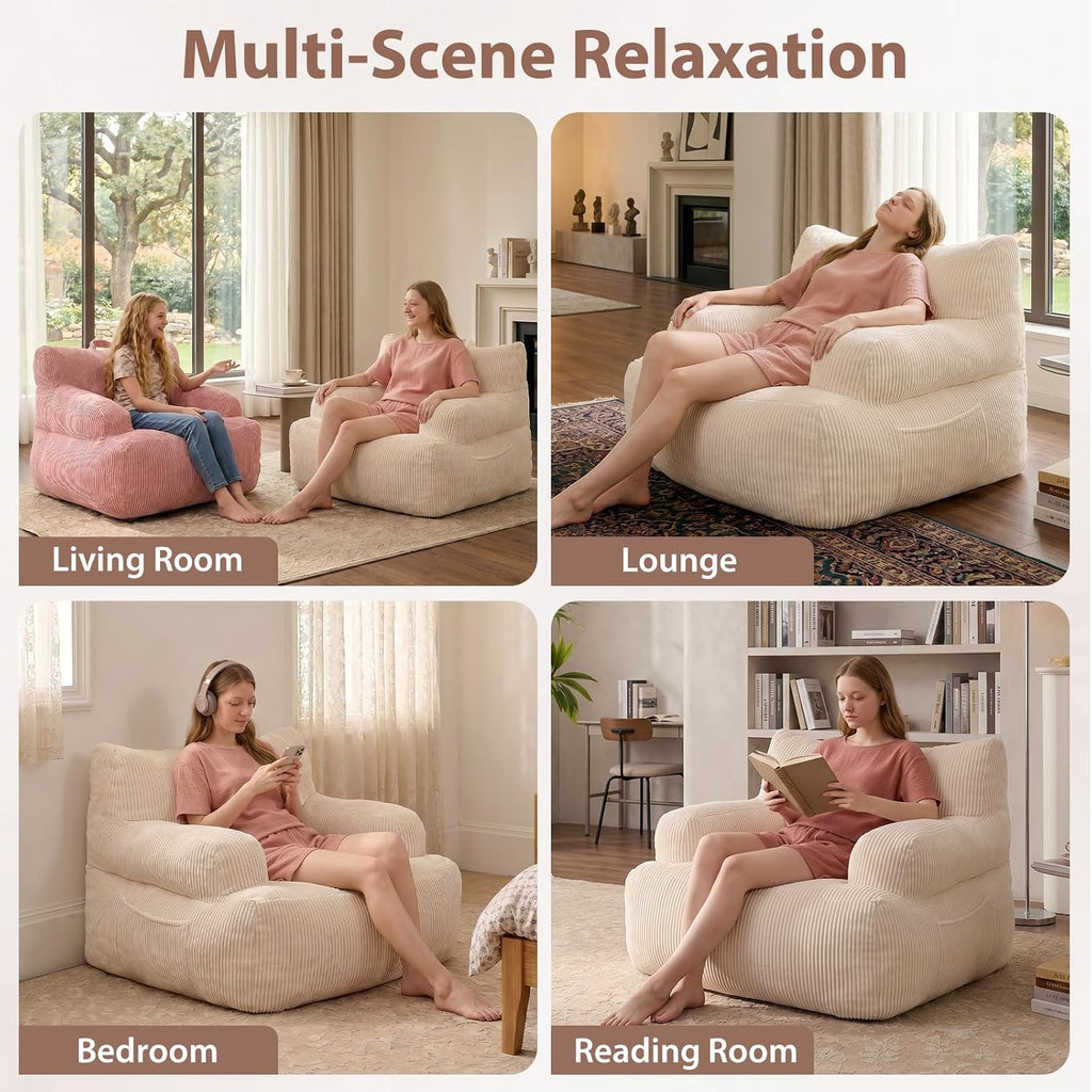 HUGHEAVEN Bean Bag Chair for Adults & Teens, Comfy Bean Bag Sofa, Beige, - Image 4