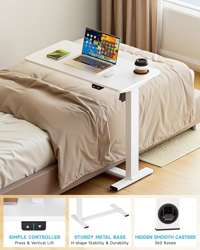 BIZUM Small Electric Standing Desk Bedside Table with Hidden Wheels 31.5 x 15.8 Inch Adjustable Computer Laptop Office Desk, White - Image 5