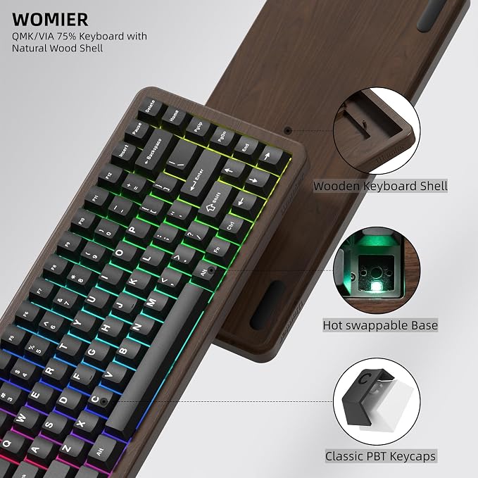 Womier 75% Mechanical Keyboard Wireless with Wood Natural WD75 V2 QMK/VIA | Gaming Creamy Keyboard 8000mAh Battery, Tri-Mode Key Board RGB Hot Swappable with PBT Keycaps-POM Linear Switch,Black - Image 2