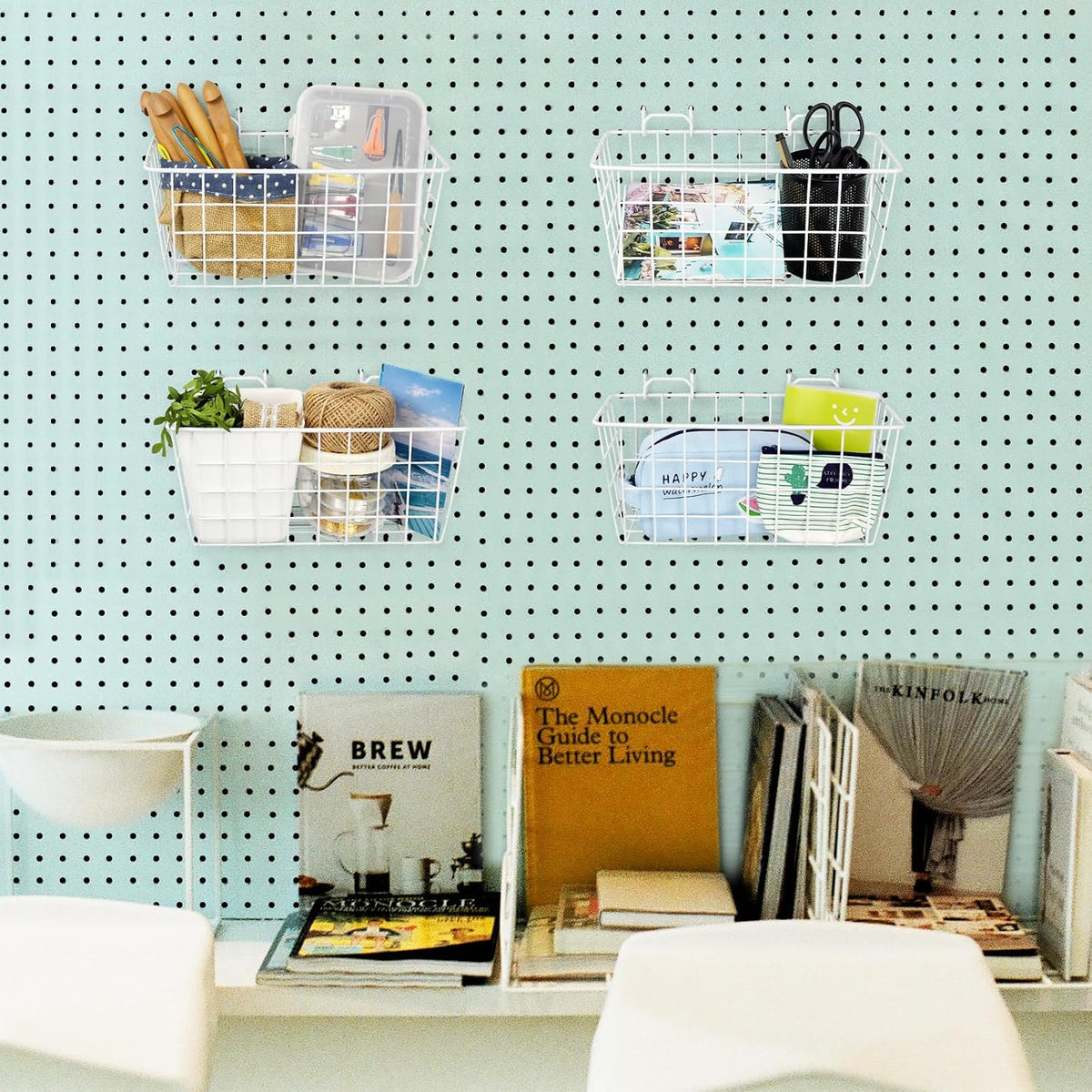 Pegboard Baskets 2 Pack Peg Board Metal Shelves Organizers (Medium, White) - Image 7