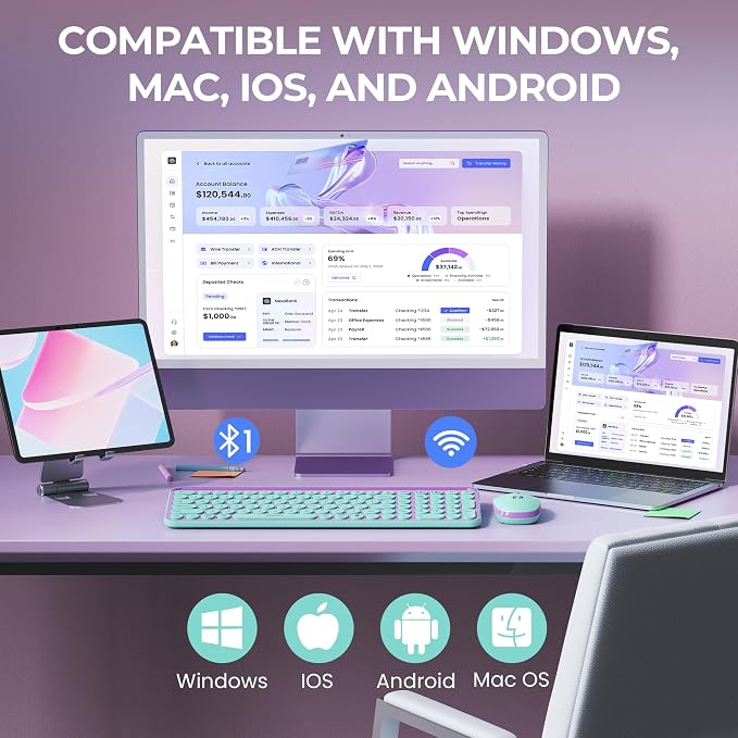 seenda CTU-301 Bluetooth Keyboard and Mouse Combo for iPad,Green&Purple | Bluetooth+2.4G combo with tablet holder, full-size keys and quiet clicks for iPad, iPhone, Mac, Windows and Android. - Image 7