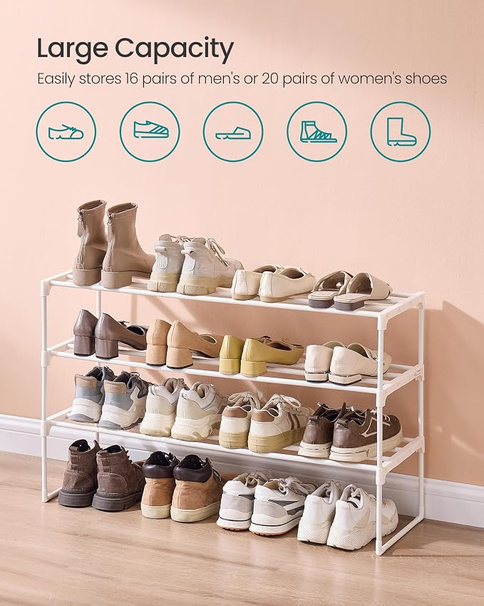 SONGMICS Shoe Rack, 3-Tier Shoe Organizer, Metal Storage Shelf | for Entryway, Upright or Upside Down, for 16-20 Pairs, Stackable, 11.8 x 36.2 x 21.7 Inches, Pearl White ULSA303W03 - Image 6