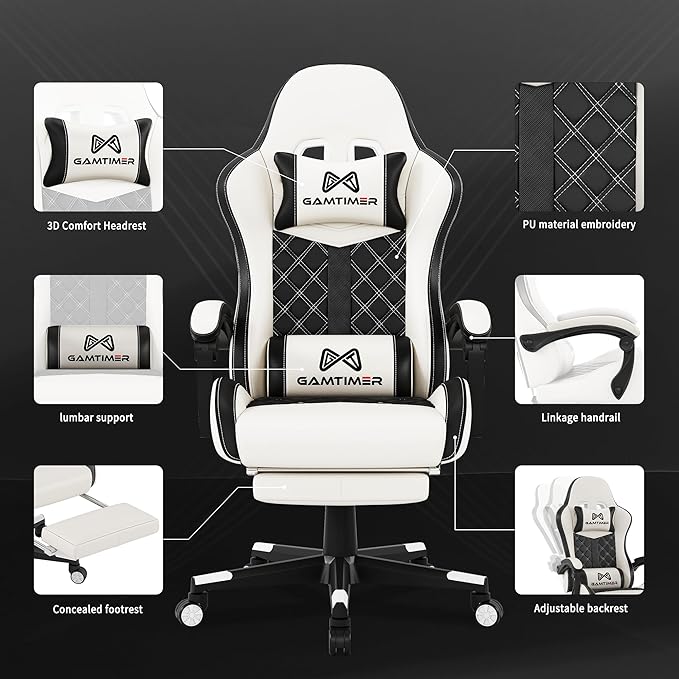 Gamtimer Gaming Chair, 400 LB Weight Capacity,with Pocket Spring Cushion | Ergonomic Backrest Office Chair,Leather, with Headrest and Lumbar Support, Footrest, Suitable for Adults(White) - Image 4