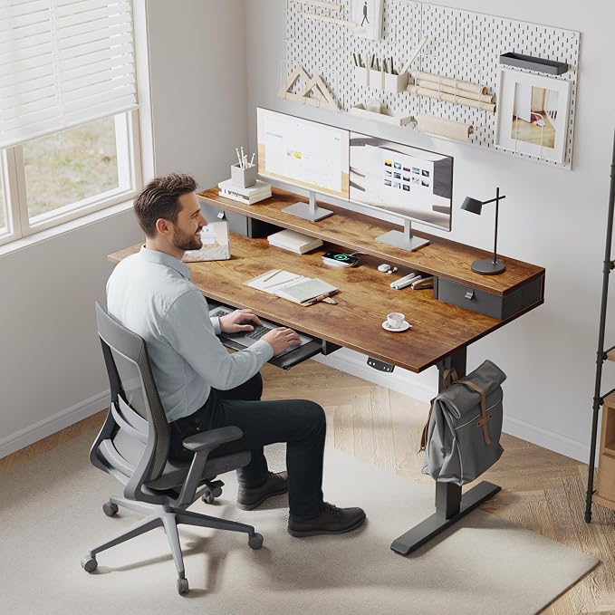 Klicelor 55 x 24 Inch Electric Standing Desk with Drawers and Keyboardtray, Adjustable Height Small Sit Stand Desk for Home Office, Compact Computer Workstation with Storage- Rustic Brown - Image 2