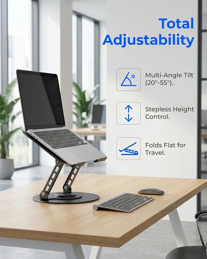 Compatible 360° Rotating Adjustable Laptop Stand, Fully Foldable Dual Rotary Shaft Laptop Riser Portable Standing Desk, Fits MacBook & All 10-15 Inch Laptops - Black - Image 2