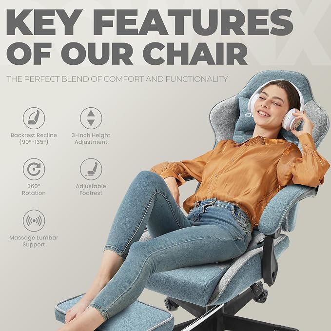 Dowinx Gaming Chair Fabric with Pocket Spring Cushion, Massage Game Chair Cloth with Headrest, Ergonomic Computer Chair with Footrest 290LBS, Blue and Grey - Image 8