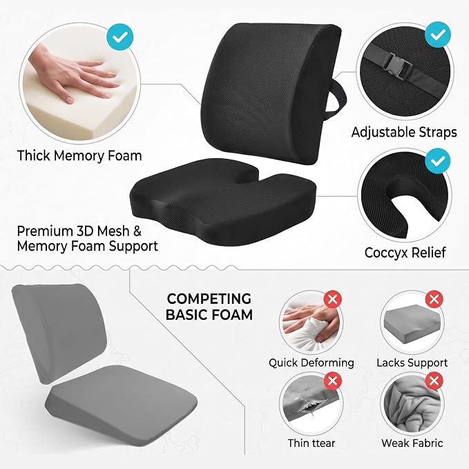 Ergonomic Seat Cushion & Lumbar Support Pillow Set for Office Chair | Memory Foam Car Seat Cushions, Chair Cushions relieves tailbone pain & lower back pressure for gaming chairs, Wheelchair - Image 5