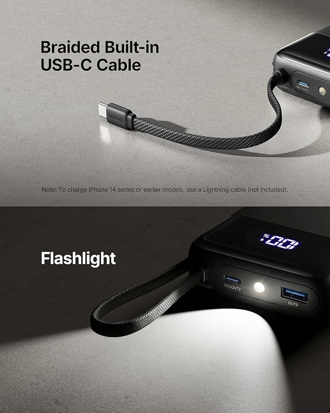 INIU Portable Charger, Smaller 45W Fast Charging Power Bank, 20000mAh Black | Flight-Safe, Built in USB-C Cable, Travel Essentials, Battery Phone Pack for iPhone 17 16 15 Pro, Samsung S26 S25, iPad etc - Image 5
