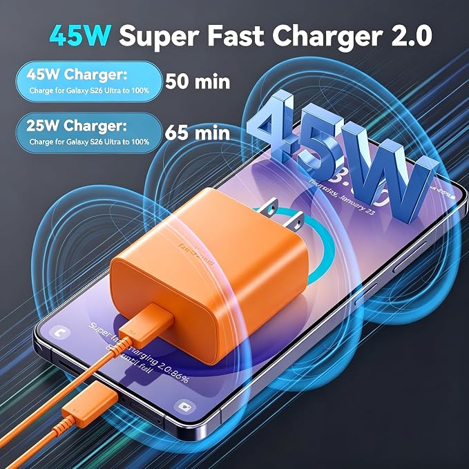 45W Super Fast Charger USB C Android Phone Type C Charger Fast Charging Block with 6.6FT Charge Cord for Samsung Galaxy S25 Ultra/S25+/S24 Ultra/S24+/S23 Ultra/S23+/S22/S21/S20/Note 10, Orange - Image 2