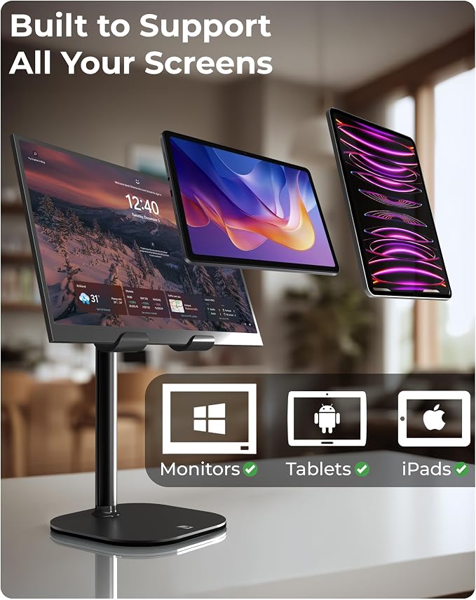 COOPER TabHolder Tablet Holder, iPad Stand for Desk, Portable Monitor Stand | Height Adjustable, 270° Tilt, Weighted Base; Fits iPad Pro, Kindle, Galaxy Tab, 15.6-17" Monitors 4.4 lbs; desk, kitchen, bed - Image 5