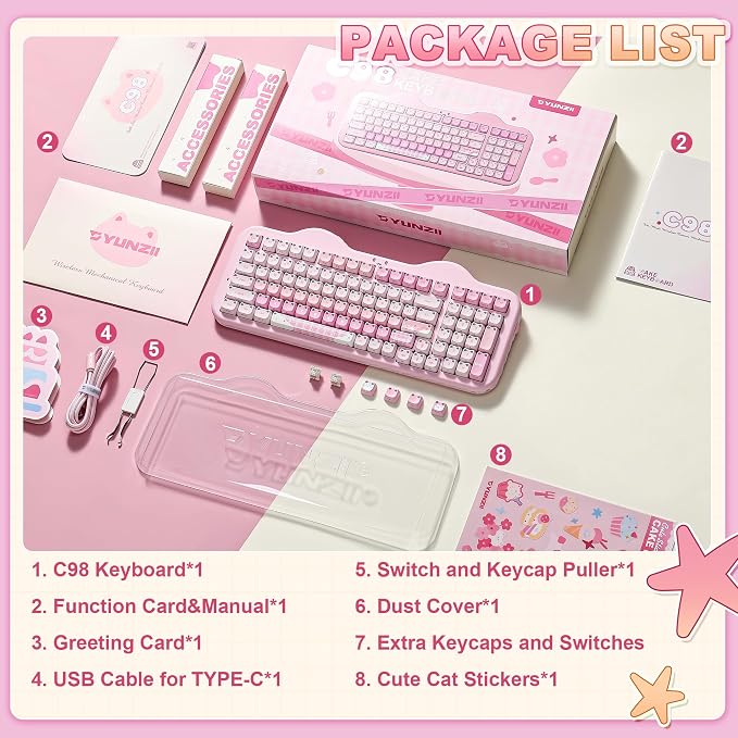 YUNZII C98 Cute Wireless Mechanical Keyboard(Pink Mao, Milk Switch) | Cake Keyboard,99 Keys with Number Pad, MAO Keycaps, BT5.0/2.4G/USB-C,Hot Swap, Gasket Mount, Custom RGB Backlight for Win/Mac - Image 9