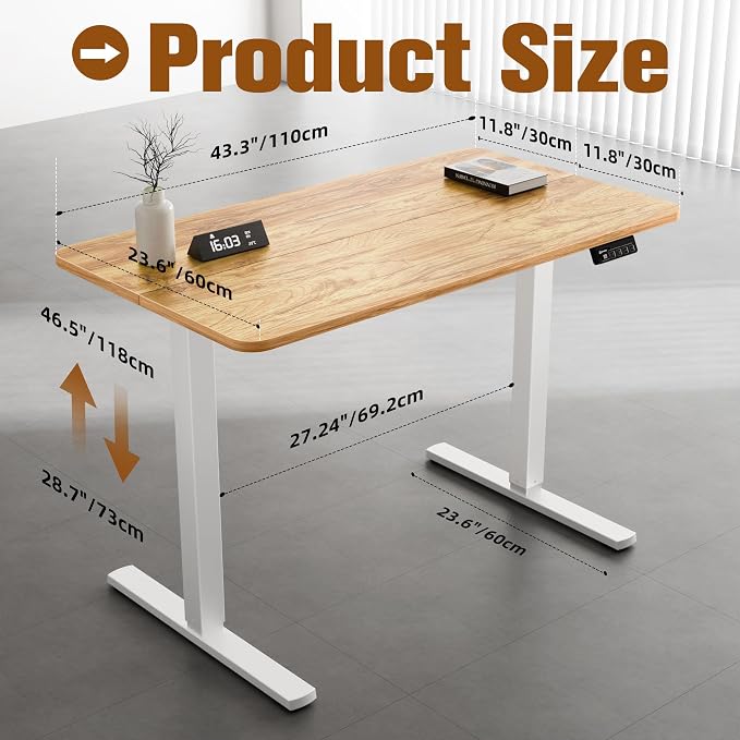 43"x24" Standing Desk, Height Adjustable Sit-Stand Home Office | Electric Adjustable Standing Desk, Sit to Stand Computer Office Desk with Splice Board, Memory Preset, Lifts 28.7''-46.5" - Image 3