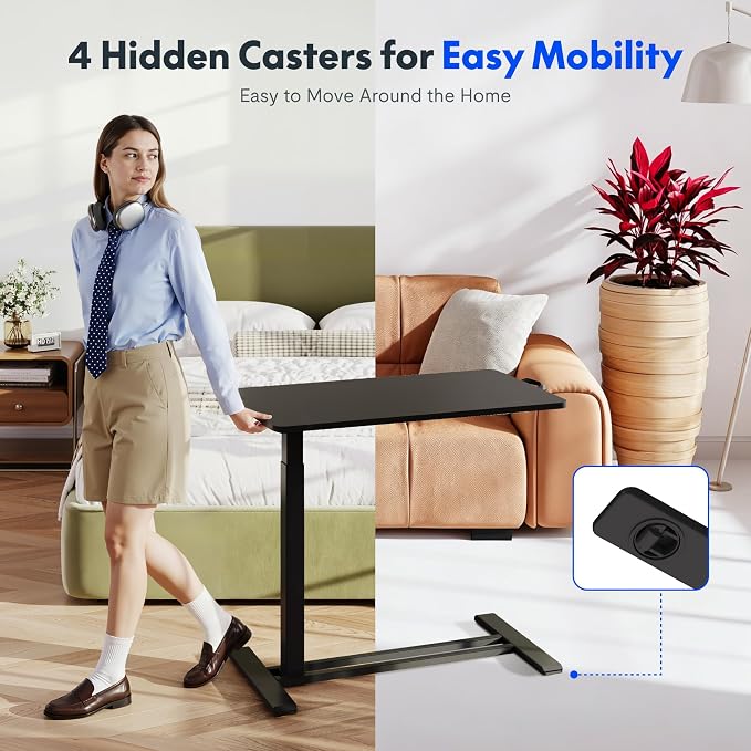 FLEXISPOT H7 28" Pneumatic Height-Adjustable Overbed Table with Wheels | C-shaped bedside table,Medical End Table,Rolling Cart TV Tray,Laptop desk for Hospital Home office use,27.6"Wx15.7"D,Black - Image 5