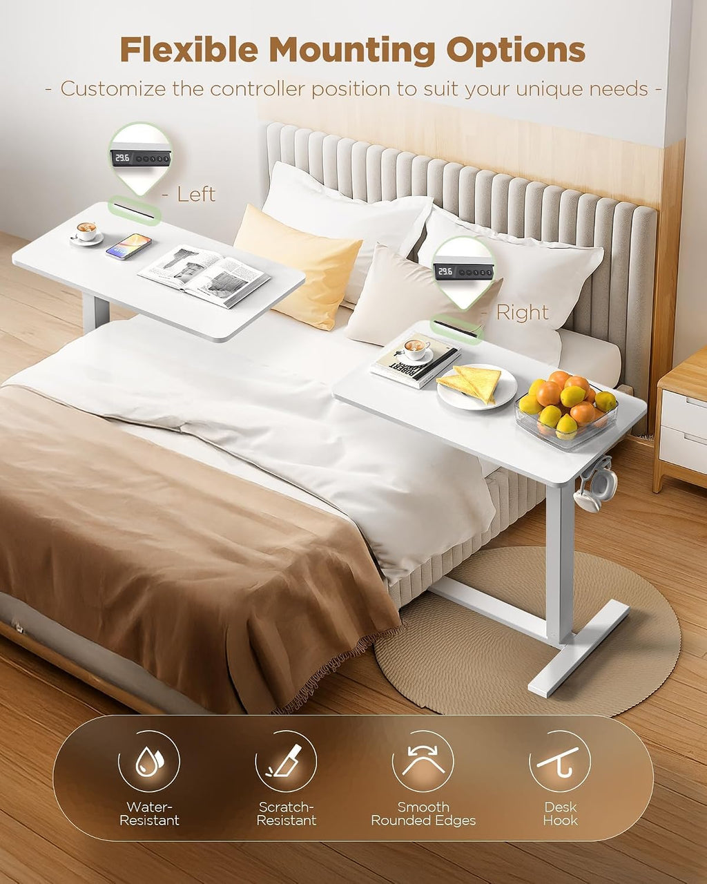 28"x 16" Electric Overbed Table, Rolling Laptop Desk for Bed, White - Image 7
