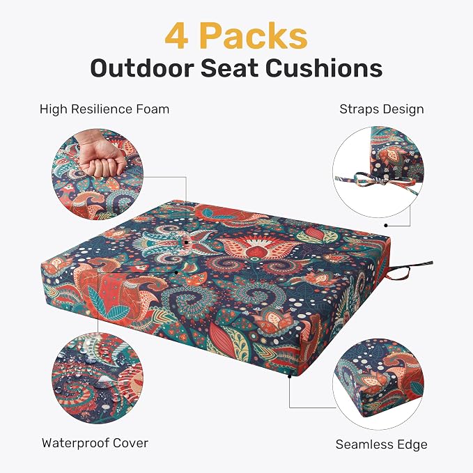 UNIKOME Outdoor Chair Cushions Pack of 4, Water Resistant Patio Cushions with Ties, High Density Sponge Filling Square Corner Seat Cushions for Outdoor Furniture, 18.5"*16"*3", Boho - Image 2