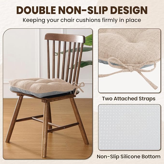 downluxe Indoor Chair Cushions for Dining Chairs, Tufted Overstuffed Textured Foam Kitchen Chair Pads with Ties and Non-Slip Backing, 15.5" x 15.5" x 4", Oatmeal Beige, 4 Pack - Image 4