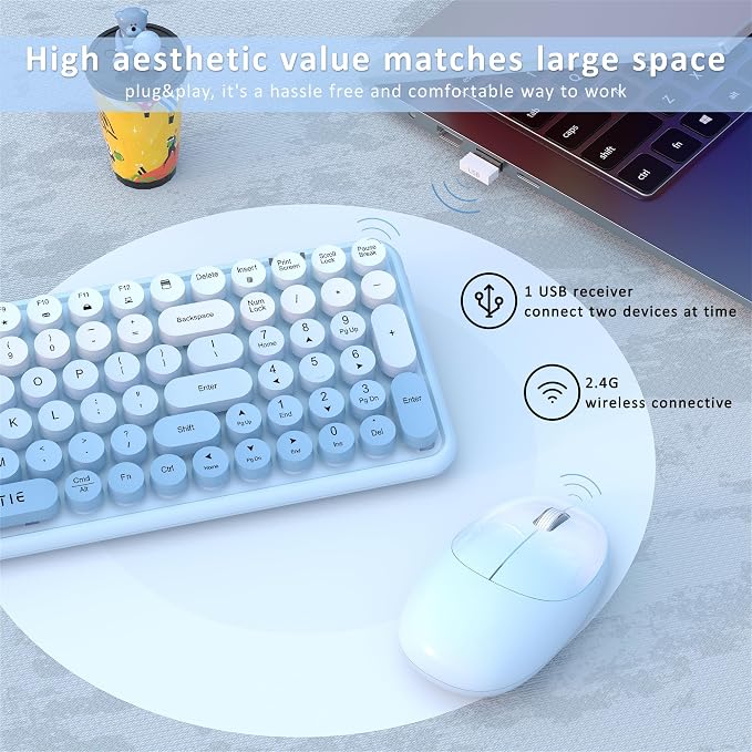 UBOTIE Wireless Keyboards and Mouse Combo (Blue Gradient) | Colorful Gradient Rainbow Color Retro Typewriter Flexible Keyboard, 2.4GHz Connection and Optical Mouse for PC Wins Mac - Image 5