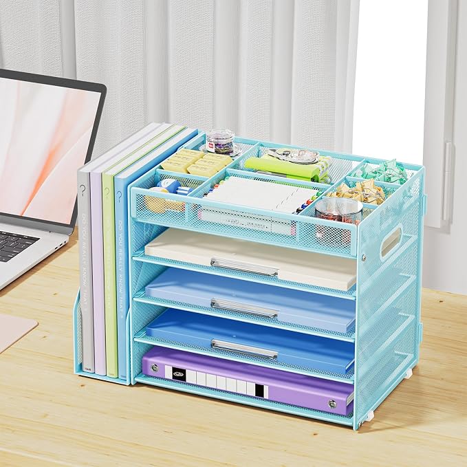 Marbrasse 5-Tier Desk Organizer with File Holder,Paper Letter Tray Organizer,Desktop File Organizer with Adjustable Compartments,Mesh Desk Organizers and Accessories for Office Supplies,Blue - Image 6