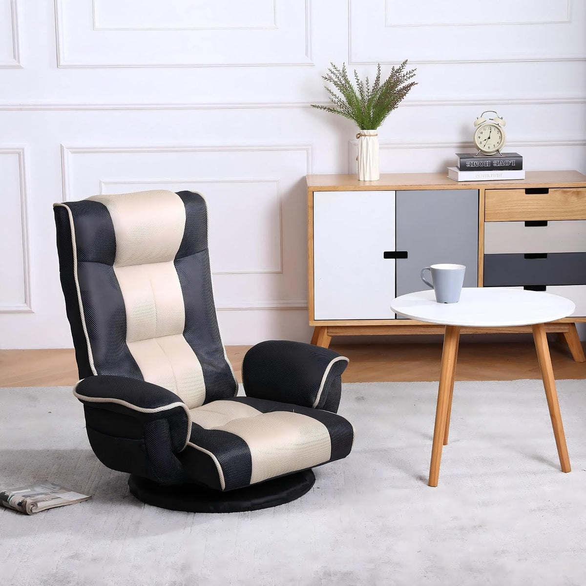 Ergonomic Gaming Chair, 6-Position Reclining Sofa Bed with Lumbar Support, Foldable Floor Lounger with Thick Cushion, Armrests & Side Pockets for Reading, Brown/Beige - Image 2