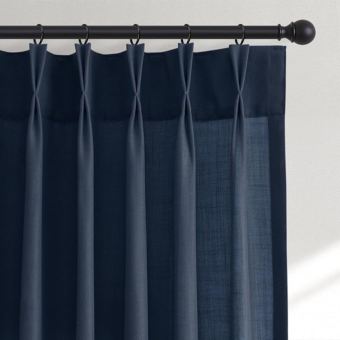 Hokibero Navy Blue Pleated Linen Curtains 84 Inch Long for Living Room | Light Filtering Sheer Curtain,Pinch Pleat Back Tab Hooks Rings,Farmhouse Textured Privacy Drapes for Bedroom Window,2 Panels by Hokibero