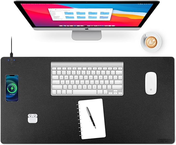 Wireless Charging Desk Mat, Mouse Pad, Black-L, 36 * 17inch by ACOOFCGOU