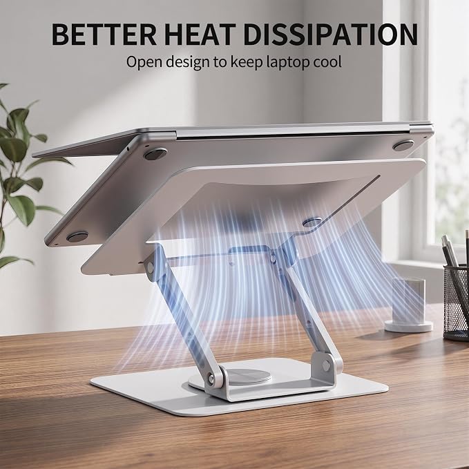 SOUNDANCE 360 Rotating Laptop Stand, Ergonomic Computer Riser for Desk, Adjustable Height Multi-Angle Metal Holder, Foldable Portable Notebook Elevating Base for Office & Home, White - Image 5