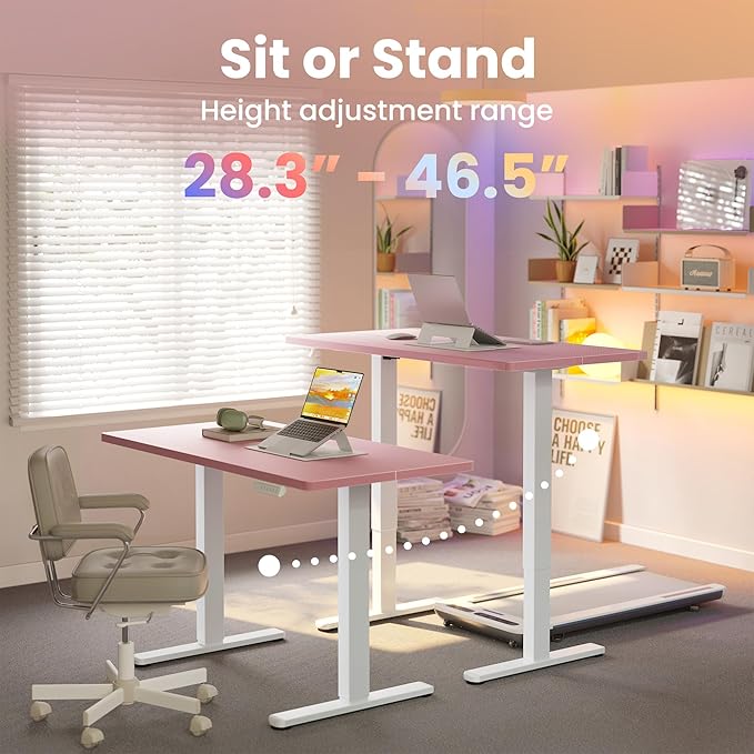 HUANUO 48x24 Inch Electric Standing Desk, Height Adjustable, Pink | 176 Lbs Capacity, Smooth Home Office Desk, 4 Memory Presets & Headphone Hooks, 28.3–46.5 Inch Height Range, Easy to assemble - Image 6