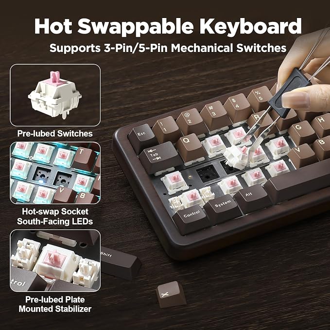 YUNZII WOOD68 65% Wireless Hot Swap RGB Mechanical Keyboard (Wood, Candy) | Tray Mount, Pre-lubed Linear Switche,BT/2.4G/USB-C,PBT Double-shot Keycaps,Wooden case for Retro Gamers & Desk Setups - Image 5