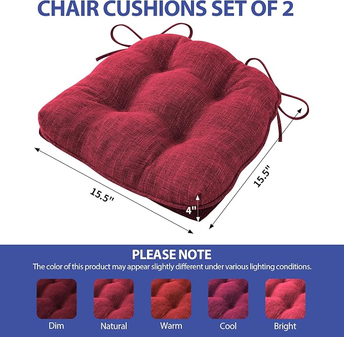 IPYNBAP Chair Cushions for Dining Chairs Set of 2, Red Kitchen Chair Cushions, Chair Pads with Ties and Non Slip Backing, Christmas Room Decor, Tufted Memory Foam Seat Cushion 2 Pack, 15.5"x15.5"x4" - Image 3