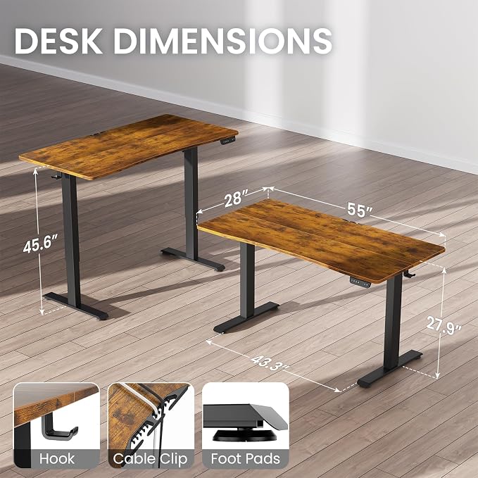 Veken Standing Desk 55 x 28 Inch, Sit to Stand Up, Work Home Office Computer Table for Study, Walking Pad, Writing, and Games, Wooden Desktop Desks, Brown - Image 3