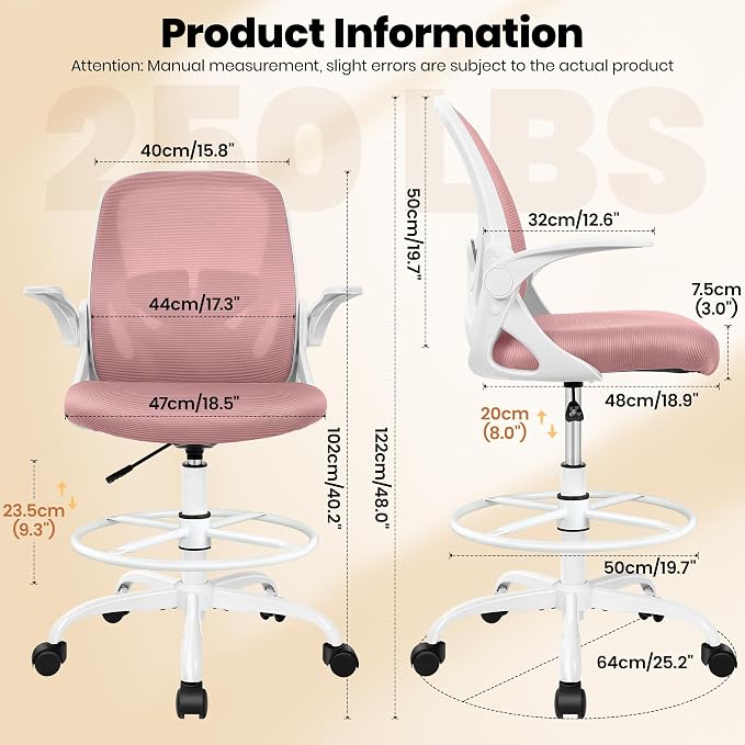Drafting Chair Tall Office Chair with Flip-up Armrests Executive Ergonomic Computer Standing Desk Chair with Lumbar Support and Adjustable Footrest Ring (Rose Quartz) - Image 3